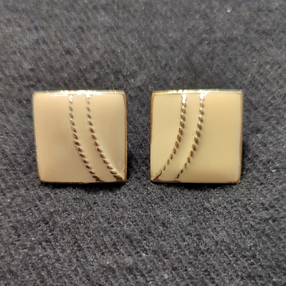 Vintage Gold Tone Cream Enamel Stud Statement Earrings
